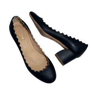 CHLOE Lauren Navy Leather Scalloped Pumps Low Heel size 37, 6.5